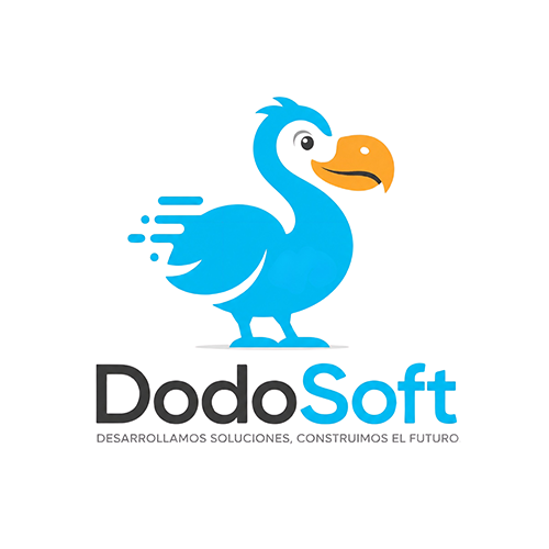Logo de DodoSoft: un dodo azul corriendo, con líneas de velocidad